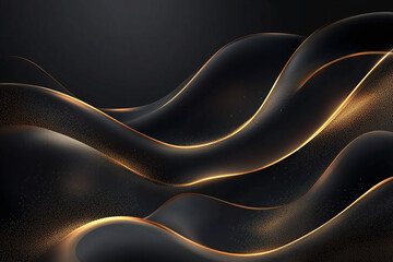 Elegant Flowing Golden Waves with Glowing Particles on a Dark Background, Abstract Futuristic Texture and Luxury Artistic Design
