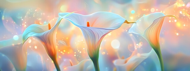 Beautiful colorful calla lilies, ethereal, luminous colors, soft lighting

