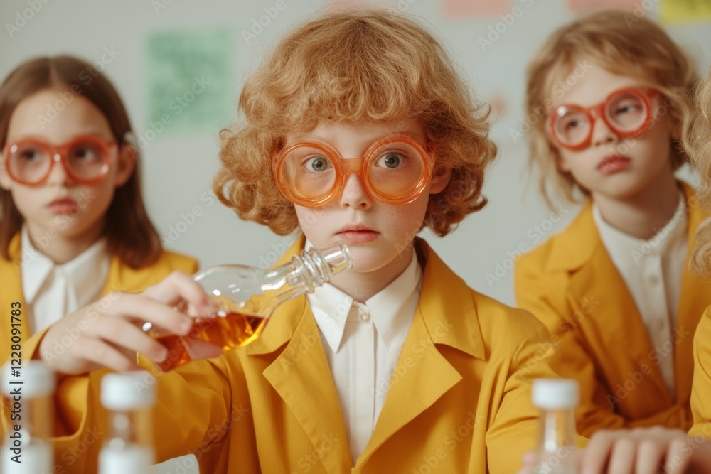 Poster child-led stem innovation young explorers in vibrant classroom conducting science experiments with b