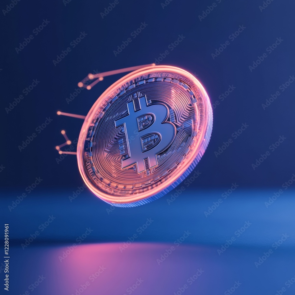 Aufkleber Futuristic Bitcoin Finance Display Coin Suspended in Neon Ring with Holographic Symbols - Cutting-Edge Cryptocurrency Tech and Digital Security Innovation