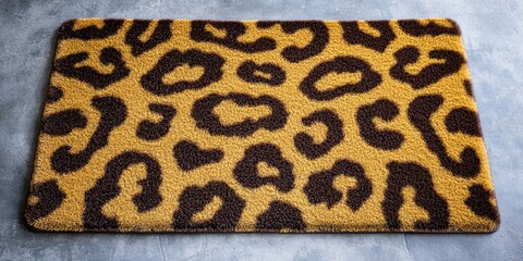 A brown and tan carpet with a leopard print design. The carpet is placed on a grey surface