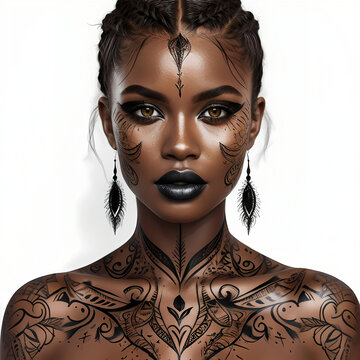 ritratto di bella donna africana dal corpo e dal volto ricoperto di tatuaggi color oro e nero, Portrait of beautiful African woman with body and face covered with gold and black tattoos