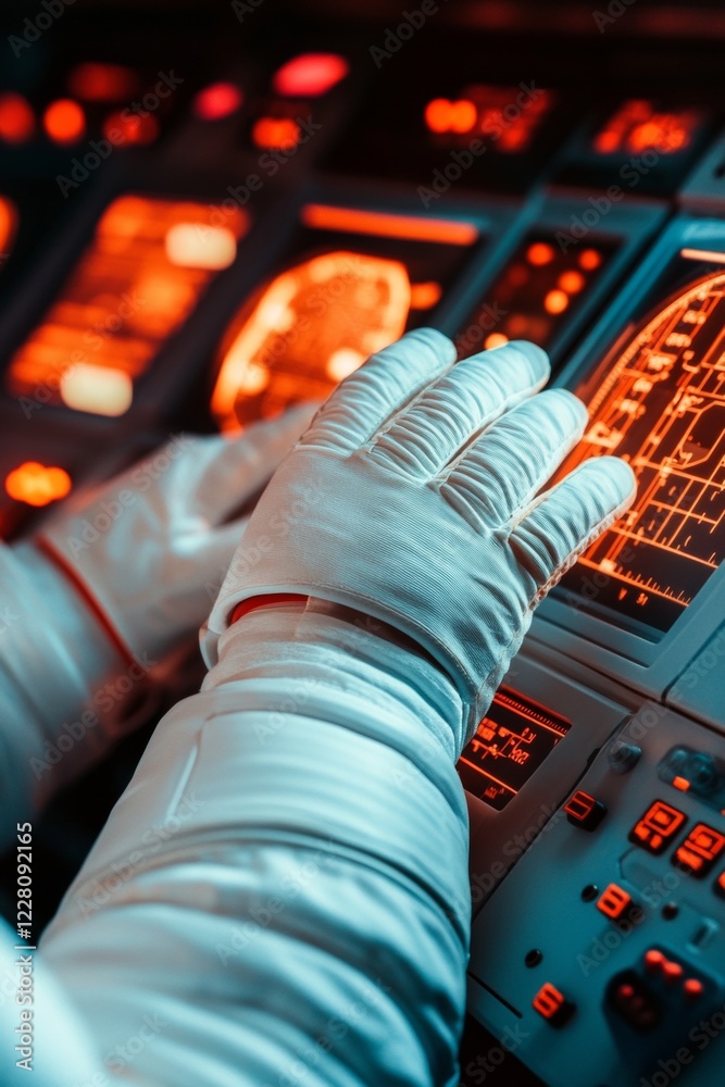 Poster Futuristic Spacecraft Console Sleek Touch Interface with Illuminated Controls - Advanced Aerospace UI Design for Modern Cockpits and Operational Systems Efficiency