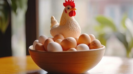 Ceramic chicken figurine with eggs underneath, sitting in a wooden bowl on table.