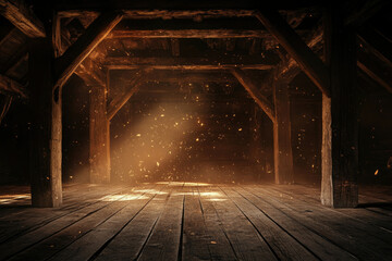 Dusty attic with wooden beams and sunlit particles, creating a mysterious and atmospheric scene.