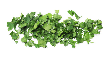 Chopped parsley leaves isolated on white, top view