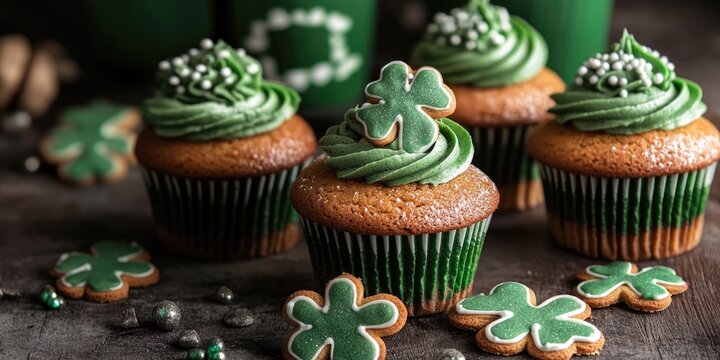Colorful green St Patrick's Day themed cupcakes with decorative frosting and cookie toppings. - Powered by Adobe