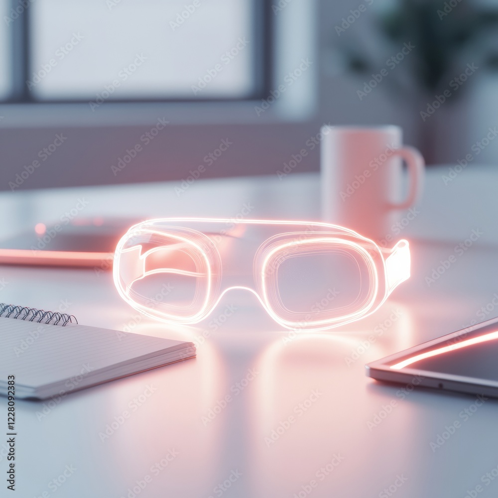 Poster augmented reality workspace aesthetic futuristic neon glasses on minimalist desk for cutting-edge te