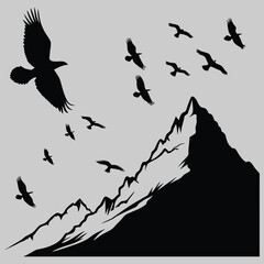 a group of birds circling in the sky silhouette vector design art and illustration
