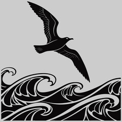 a seagull flying over waves silhouette vector design art and illustration