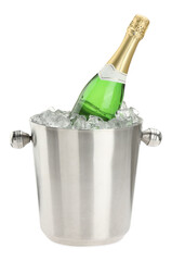 Bottle of champagne in ice bucket isolated on white