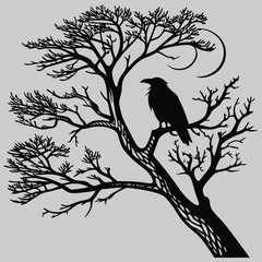 a tree with a crow sitting on a branch silhouette vector design art and illustration