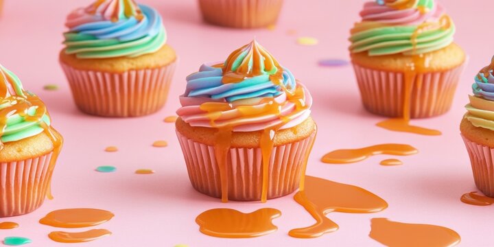 Colorful cupcakes with dripping caramel, perfect for dessert promotions, birthday celebrations, and festive events.