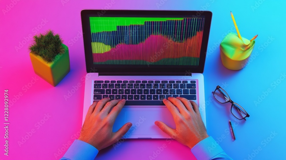 Leinwandbilder Vibrant Gradient Workspace Hands Typing on Laptop with Data Visuals - Digital Optimization and Remote Productivity in Tech-Savvy Business Environments