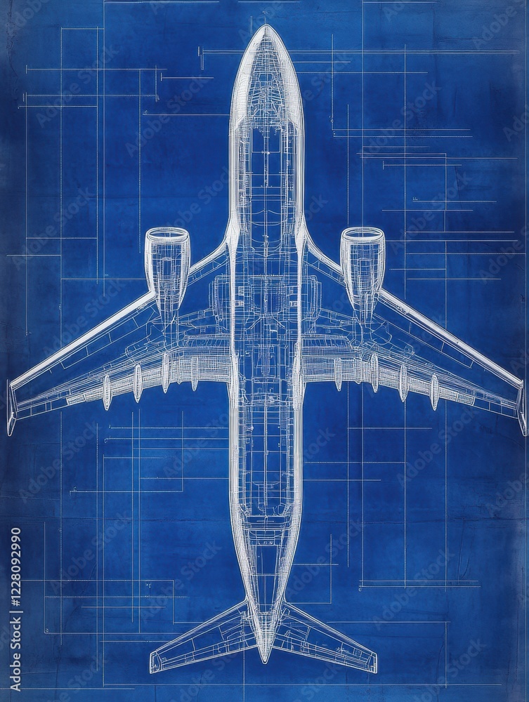 Poster Detailed technical blueprints showcasing the design of an airplane against a blue background with precise outlines. Generative AI