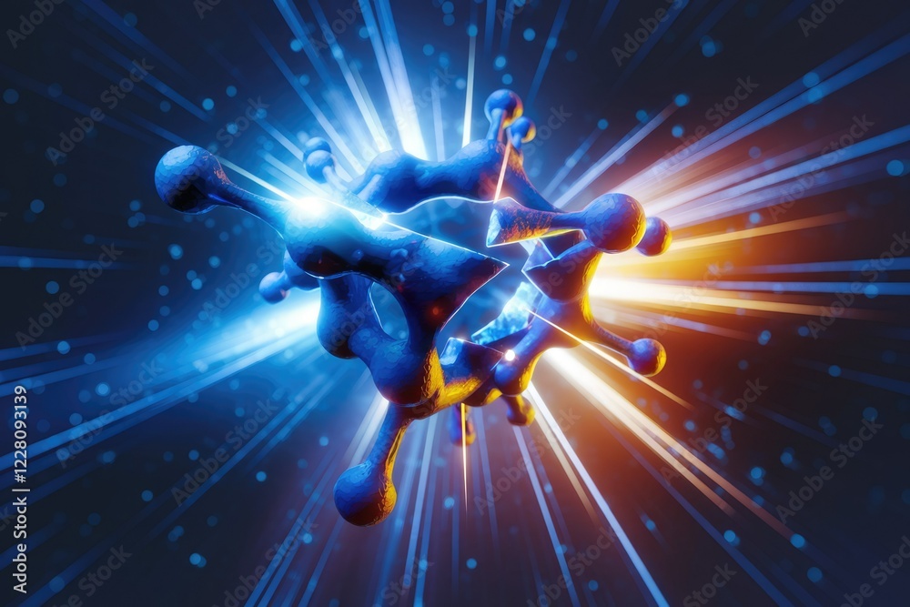 Poster a 3d rendering of a molecule exploding with vibrant energy, symbolizing scientific breakthroughs and