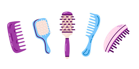 Hair Brushes Collection. A collection of various hairbrushes and combs in purple and blue tones, designed for hairstyling and beauty-related illustrations