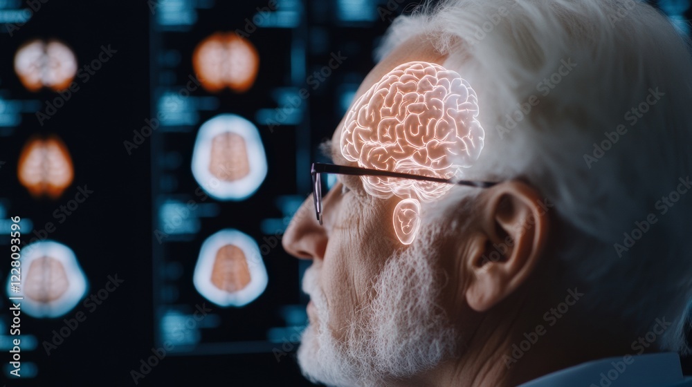 Poster cutting-edge neuroimaging elderly male in glasses observing digital brain scans - tech-driven health