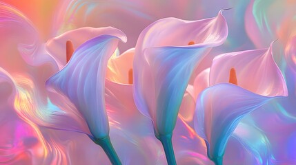 Beautiful colorful calla lilies, ethereal, luminous colors, soft lighting
