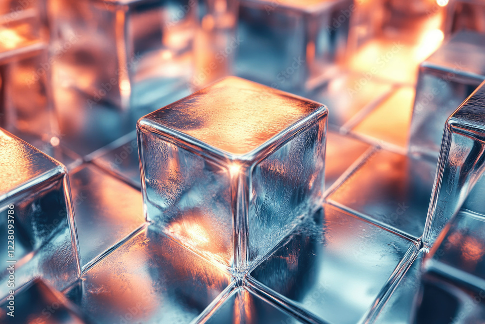 Aufkleber a close-up of luminous glass cubes arranged in a grid pattern, reflecting warm light.