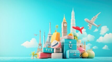 Amazing Travel Destinations Around The World, Suitcases And Famous Landmarks