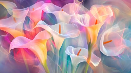 Beautiful colorful calla lilies, ethereal, luminous colors, soft lighting
