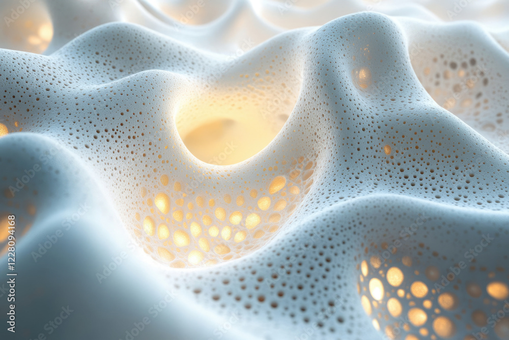 Poster abstract 3d rendering of a porous, undulating surface with internal glowing lights.