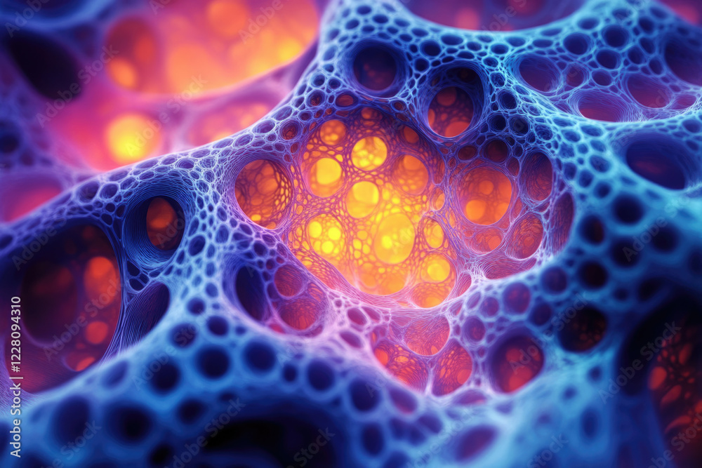 Poster Abstract 3D render of a vibrant, interconnected network resembling a complex biological structure or futuristic technology.