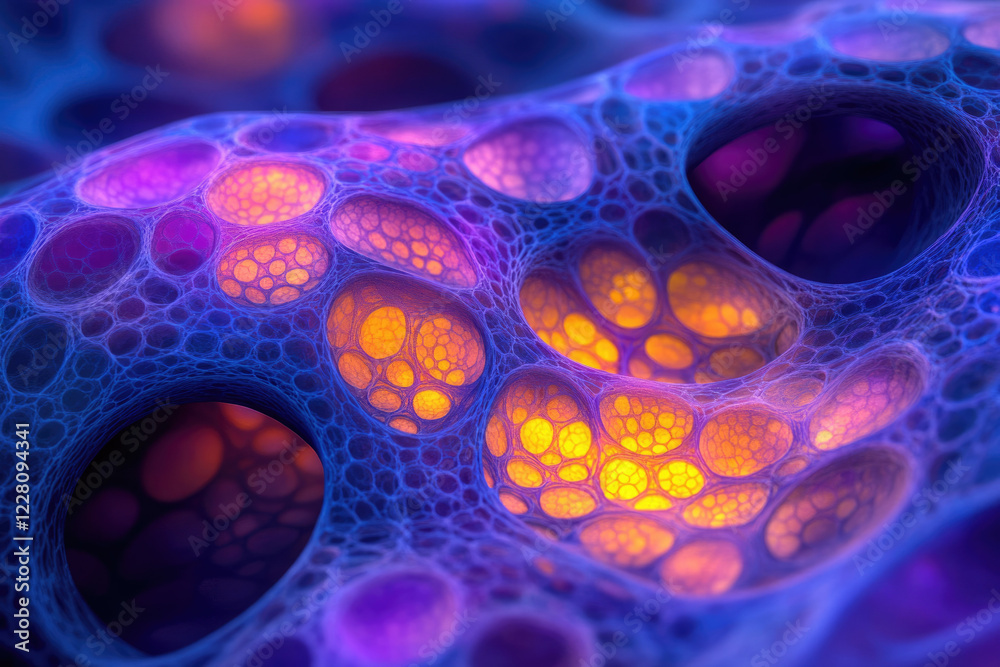Poster abstract fractal artwork depicting a bioluminescent, interconnected network of glowing cells or bubb