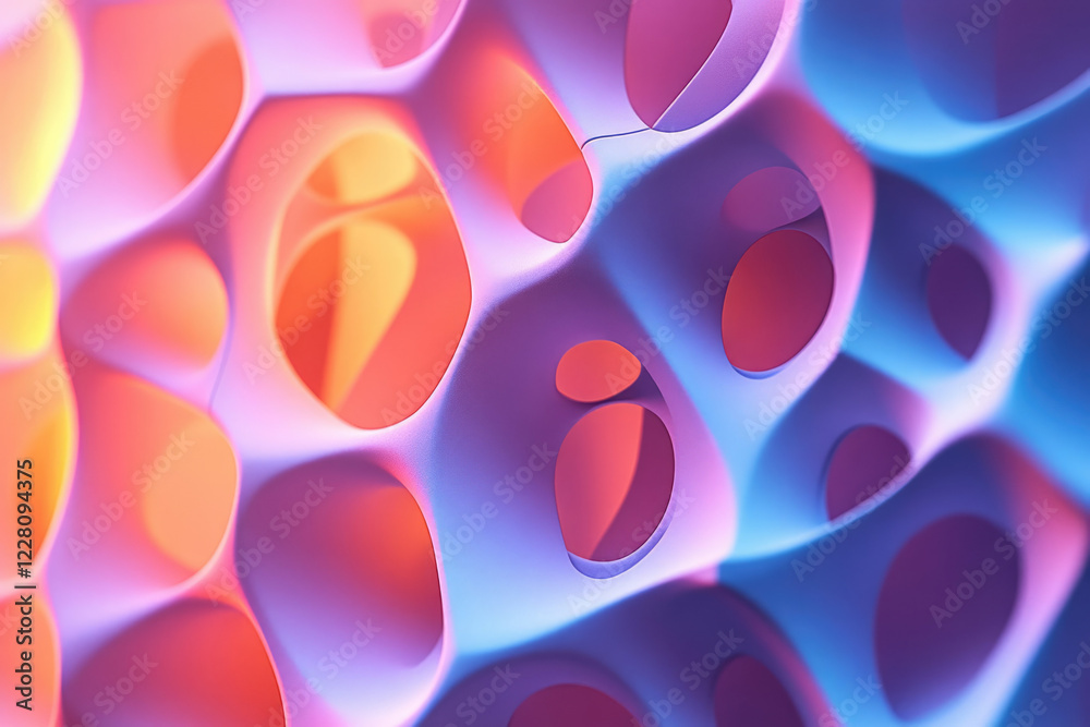 Poster abstract 3d rendering of a vibrant, porous, organic structure with warm and cool color gradients.