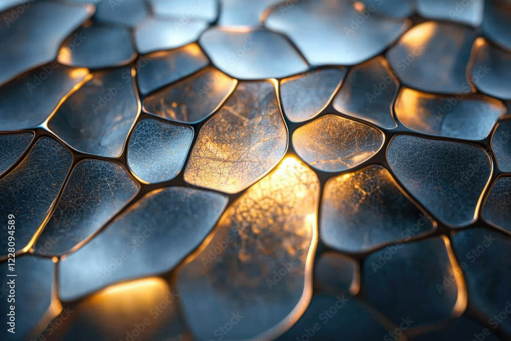 Poster Abstract image of an intricate, glowing, metallic network resembling a complex cellular structure.