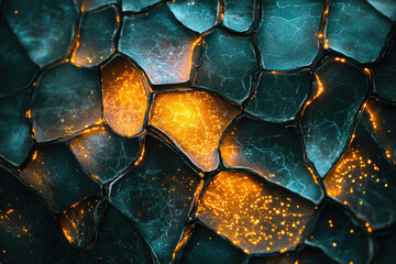 Glowing, cracked, dark teal surface with interspersed golden light; abstract texture.