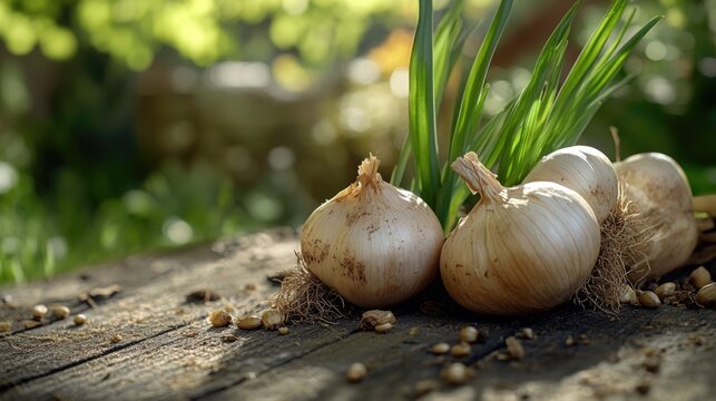 Bunch of fresh garlic bulbs with roots still attached, laid on wood surface.