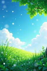 Fototapeta premium Softly falling snowflakes on a blanket of lush green leaves amidst many puffy white clouds in the clear blue sky, serene, leaves, peaceful