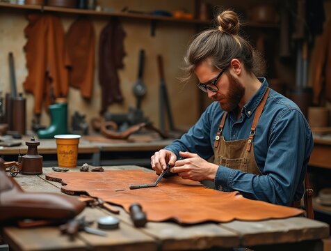 Leather craftsman working leather in his workshop