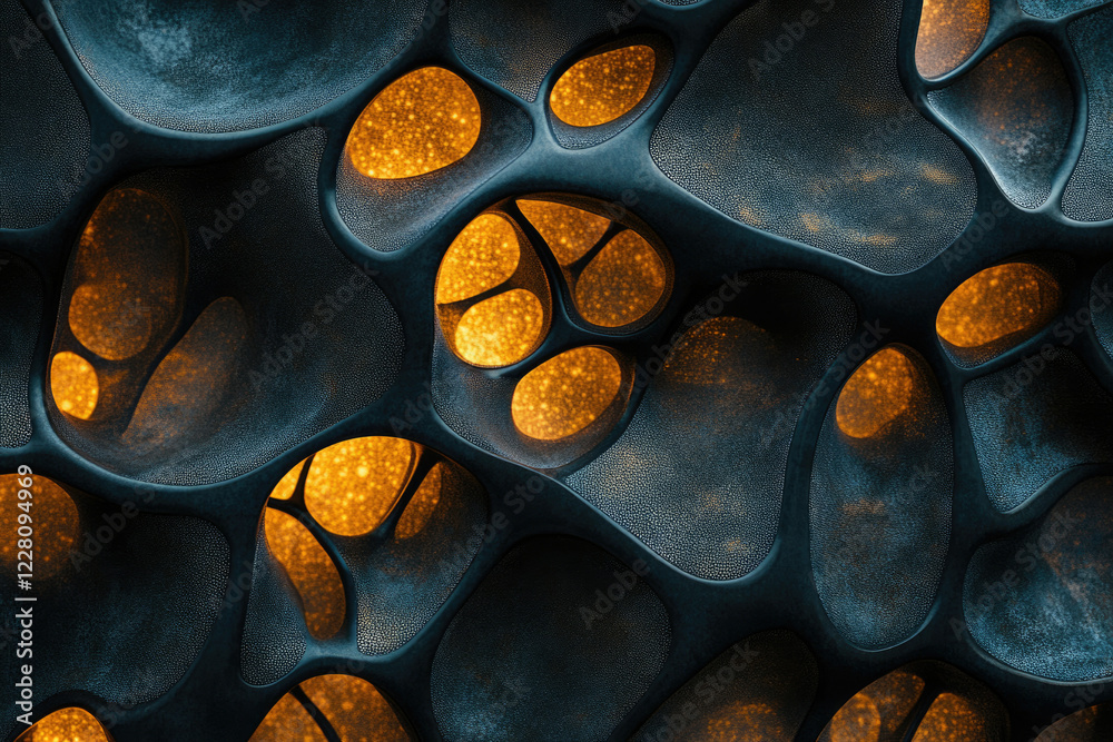 Poster abstract 3d render of a dark, textured surface with glowing golden organic shapes.