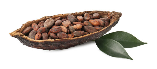 Cocoa pod with beans and leaves isolated on white