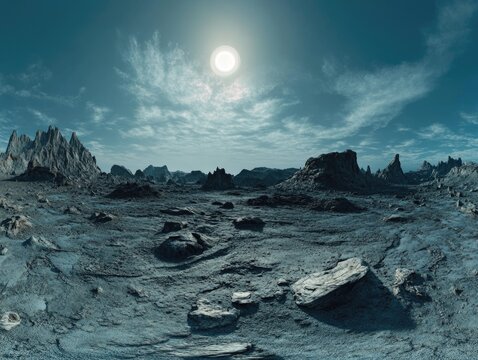 Surreal landscape with rocky terrain under a vast sky, evoking an otherworldly sense of wonder and mystery.
