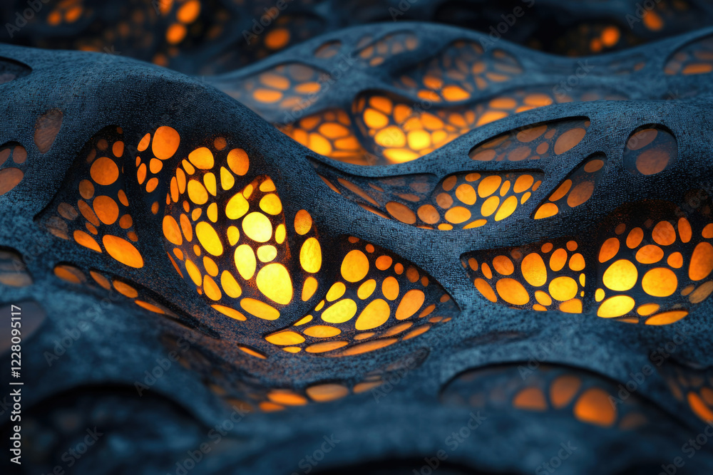 Aufkleber Abstract 3D render of a dark, textured surface with glowing, circular cutouts, creating a wave-like pattern.