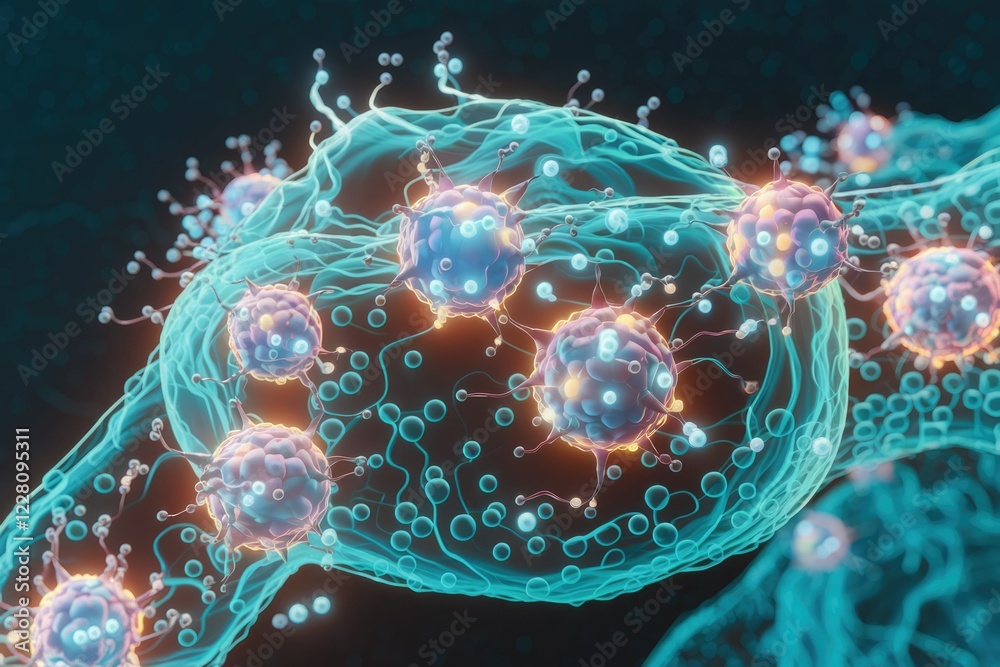 Poster Microscopic view of viruses infecting a cell, showing intricate details of viral structures and cellular interactions.