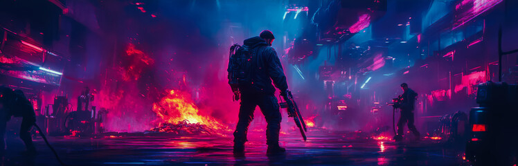 Fototapeta premium Neon-lit Cityscape Inferno: Post-Apocalyptic Soldier Silhouette