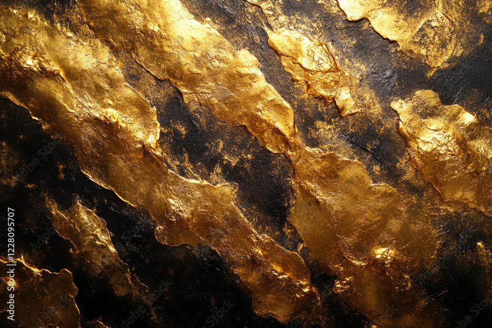 Poster abstract art showcasing gold leaf on a dark background, creating a luxurious and textured effect.