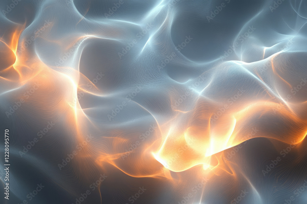 Poster abstract flowing light waves, ethereal and glowing with orange and blue hues, creating a dreamy, dig