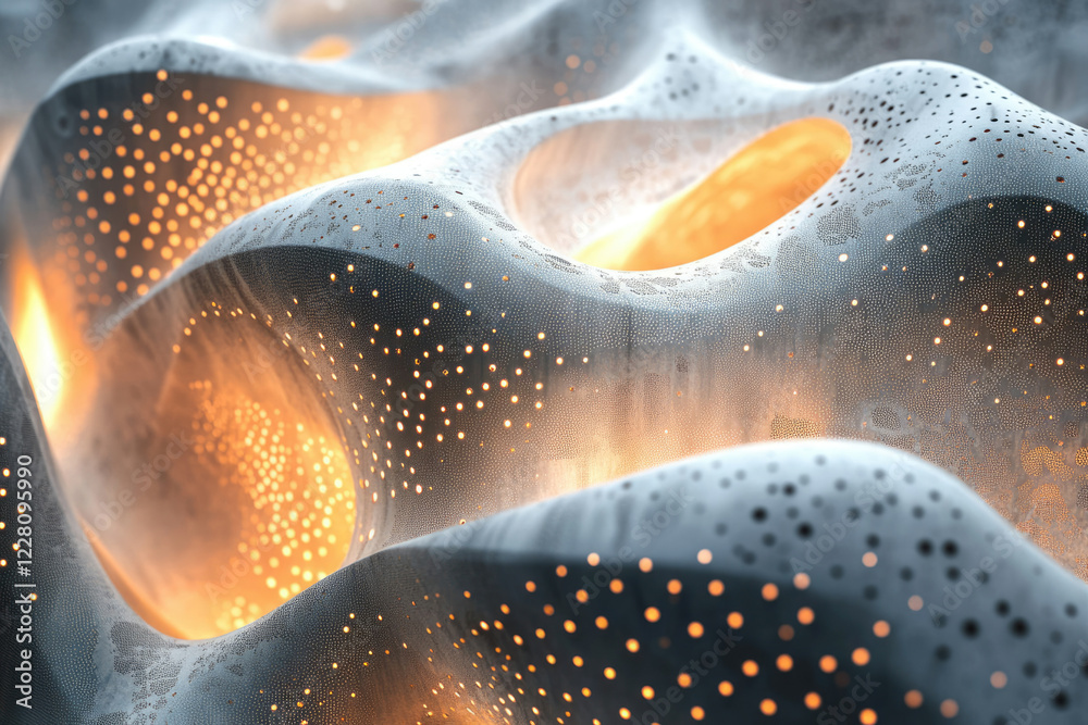 Poster Abstract 3D render of a flowing, perforated structure with warm inner light, creating a futuristic, biomorphic design.