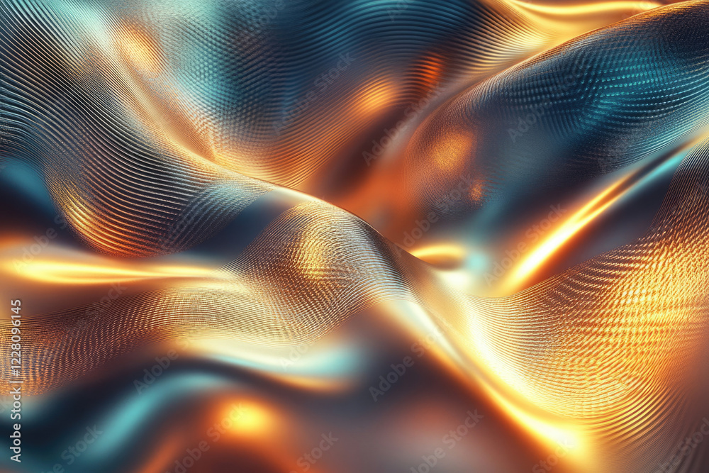 Aufkleber Abstract digital art depicting a flowing, metallic surface with warm and cool tones, creating a mesmerizing wave pattern.