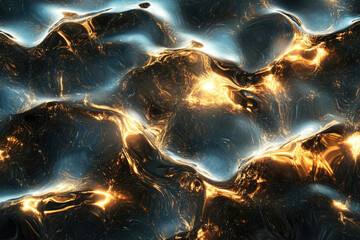 Obraz premium Abstract artwork depicting swirling, luminous liquid gold and dark blue, creating a mesmerizing, dynamic texture.
