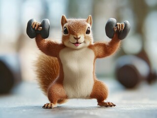 Squirrel lifting weights. Cute and humorous image for fitness and healthy lifestyle themes.