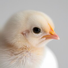 Fluffy chick portrait, studio shot, neutral background, farm animal