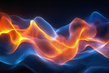 Obraz premium Abstract digital art depicting flowing, luminous waves of blue and orange particles.