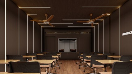 Modern Minimalist Classroom with Wood paneling and sleek Lighting